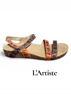 L'ATISTE Spring Step Women's Orange and Brown Leather Cork Strappy Sandal